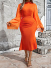 Chic Plus Size Ruched Fish Tail Dress with Elegant Bell Sleeves