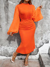 Chic Plus Size Ruched Fish Tail Dress with Elegant Bell Sleeves