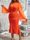 Chic Plus Size Ruched Fish Tail Dress with Elegant Bell Sleeves