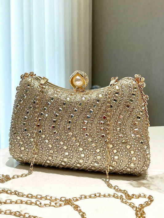 Elegant Gold Foil Stamped Clutch Bag with Rhinestone Accents – Perfect for Parties, Weddings, and Formal Occasions