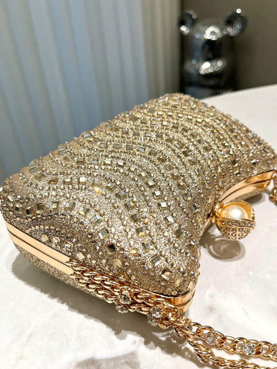 Elegant Gold Foil Stamped Clutch Bag with Rhinestone Accents – Perfect for Parties, Weddings, and Formal Occasions