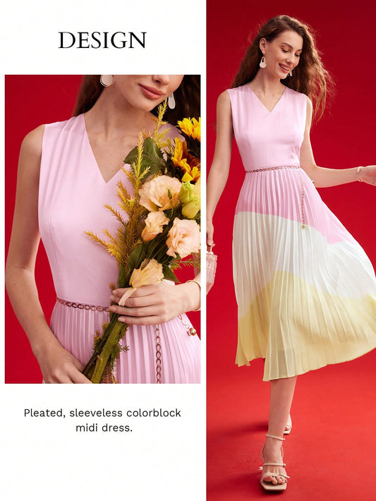 Chic Color Block Pleated Hem Dress for Trendsetting Women