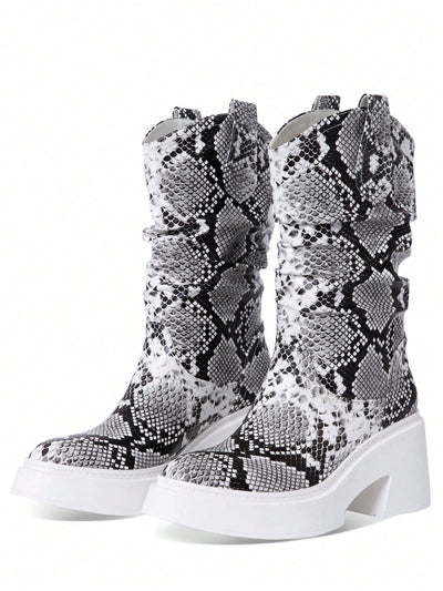 Slither in Style: Snake Pattern Mid-Calf Cowboy Boots for Women