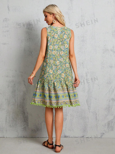 Sleek and Chic: Women's Sleeveless Floral Print Dress with Knotted Collar