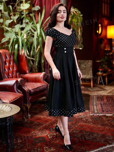 Sweetheart Polka Dot Pleated Dress with Fake Button Detail