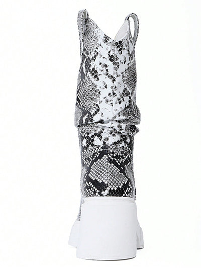 Slither in Style: Snake Pattern Mid-Calf Cowboy Boots for Women