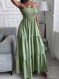 Sage green smocked tiered maxi sundress with ruffle neckline