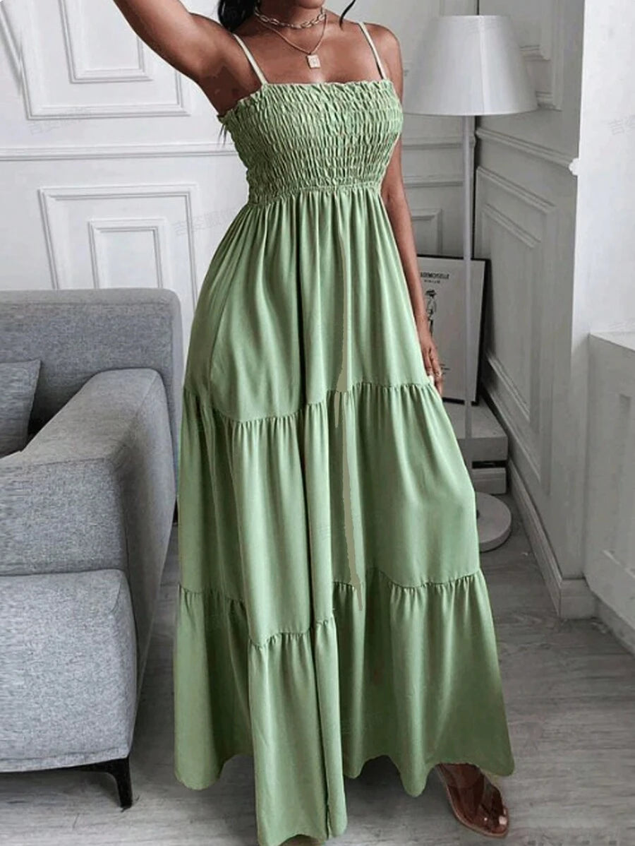Sage green smocked tiered maxi sundress with ruffle neckline