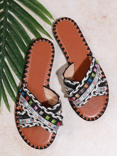 Multicolored Rivet Bliss: Stylish Flat Sandals for Fashionable Ladies