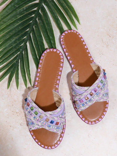 Multicolored Rivet Bliss: Stylish Flat Sandals for Fashionable Ladies