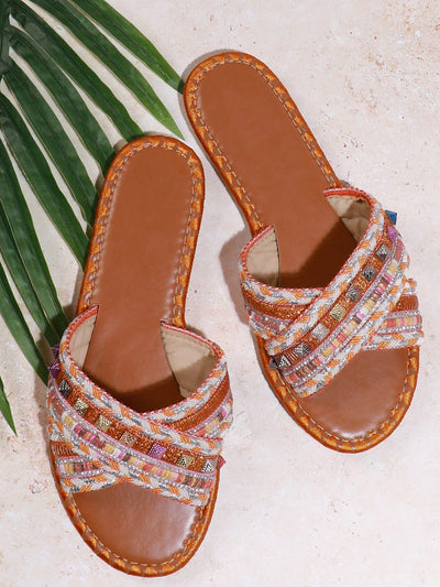 Multicolored Rivet Bliss: Stylish Flat Sandals for Fashionable Ladies