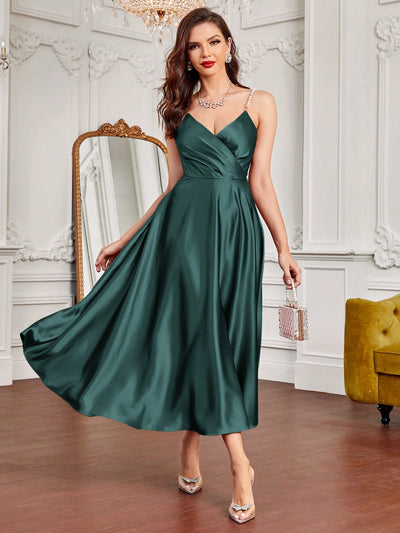 Classic Elegance: Solid Color Deep V-Neck Pearl Cami Dress