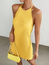 Effortless Elegance: Solid Color Ribbed Halter Neck Sleeveless Dress