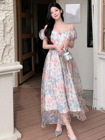 Summer Delight: Off-Shoulder Floral Printed Dress with Short Puff Sleeves