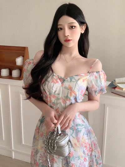 Summer Delight: Off-Shoulder Floral Printed Dress with Short Puff Sleeves