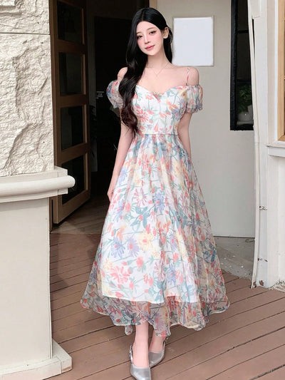 Summer Delight: Off-Shoulder Floral Printed Dress with Short Puff Sleeves