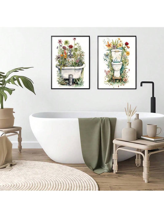 Botanical Wildflower Bliss: Set of 2 Bathroom Posters for Modern Home Decoration