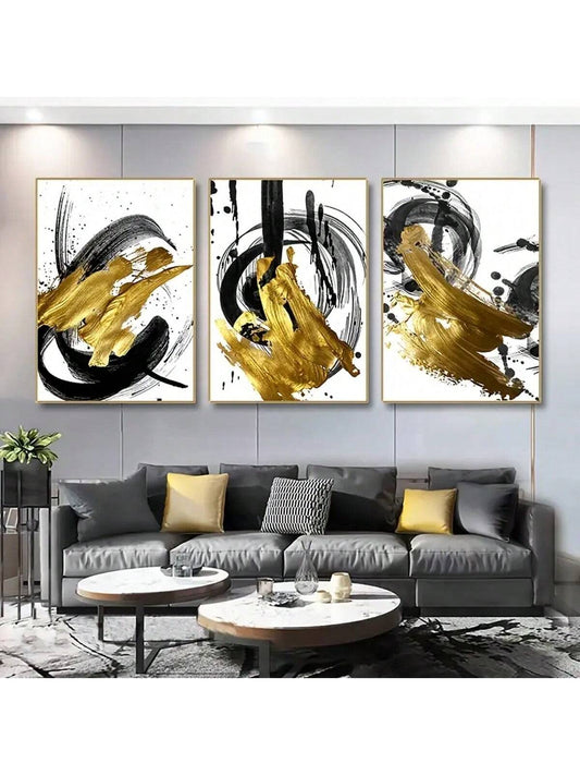 Chic Contemporary Calligraphy Wall Art Trio in Gold, Black, & White - Perfect for Living Room or Bedroom Decor