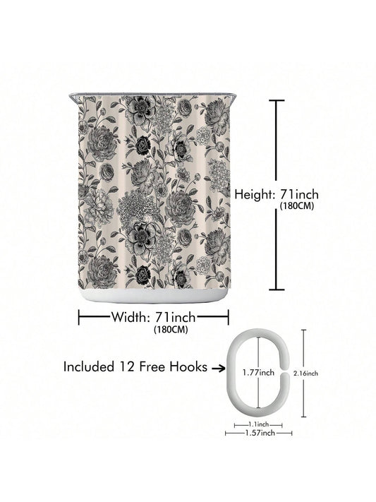 Elegant Vintage Flower Print Shower Curtain Set with Hooks - Waterproof Bathroom Divider and Decor