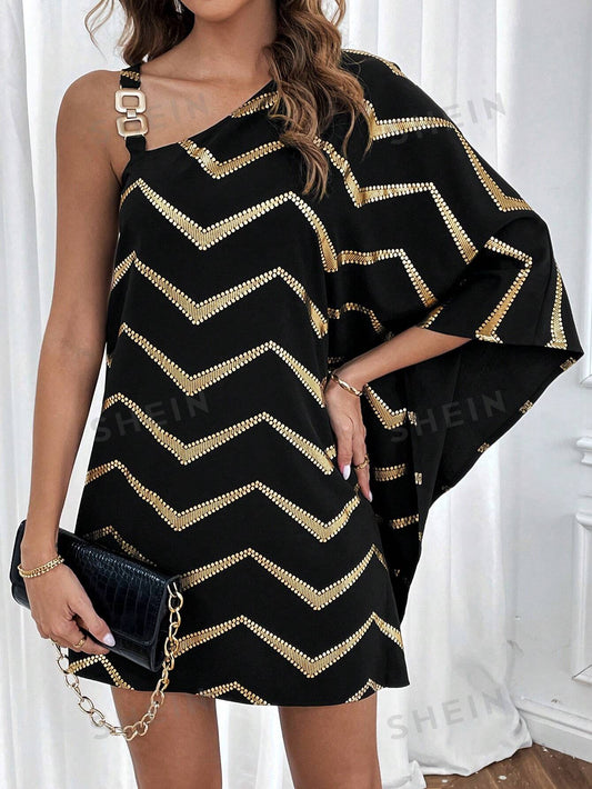 Elegant and Chic: Houndstooth Print Oblique Shoulder Dress for Eid Celebrations