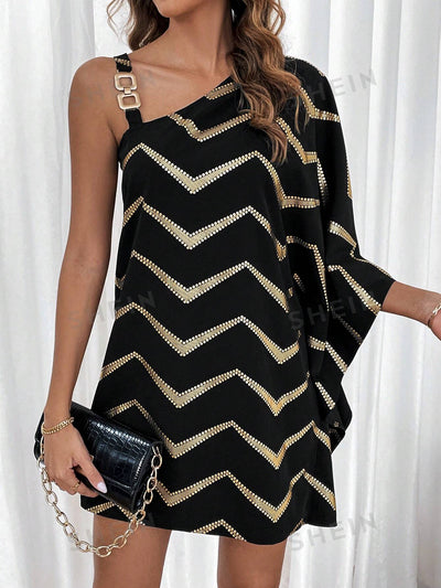 Elegant and Chic: Houndstooth Print Oblique Shoulder Dress for Eid Celebrations