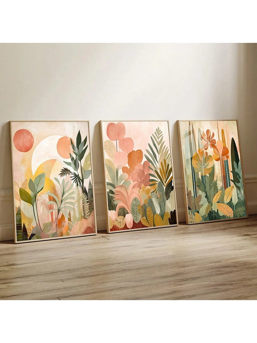 Living room sofa mockup of three tropical botanical prints in warm earth tones and wood-tone display frames