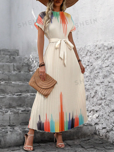 Chic and Stylish: Women's Gradient Color Batwing Sleeve Pleated Dress