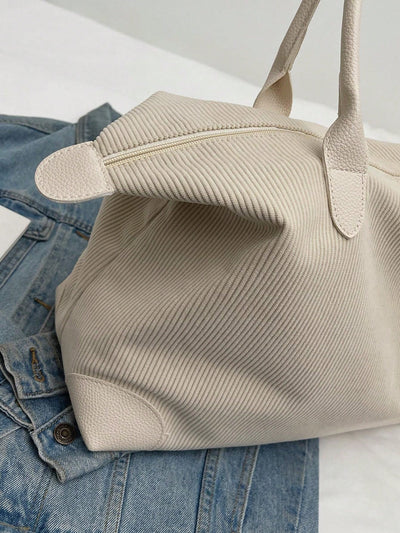 Creamy Corduroy Chic: Large Capacity Tote Bag for Women