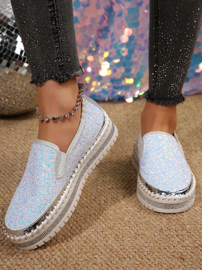 Sparkling Steps: Plus Size Women's Sequin Flat Bottom Sports Shoes with Rhinestone Detailing