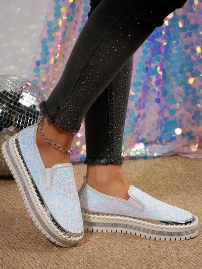 Sparkling Steps: Plus Size Women's Sequin Flat Bottom Sports Shoes with Rhinestone Detailing