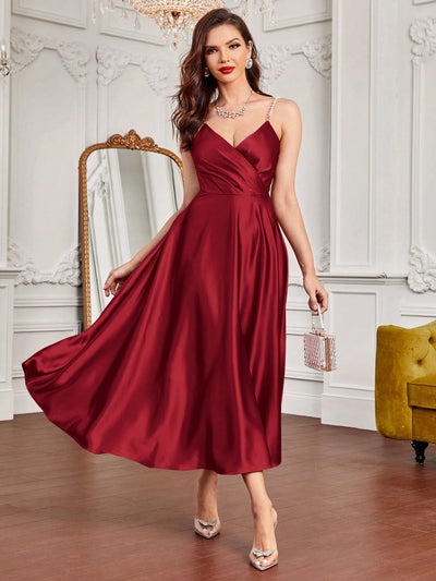 Classic Elegance: Solid Color Deep V-Neck Pearl Cami Dress