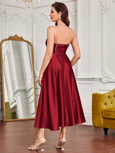 Classic Elegance: Solid Color Deep V-Neck Pearl Cami Dress