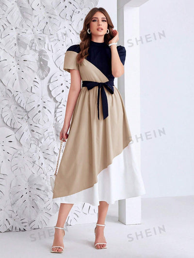 Modely Color Block A-Line Dress: Effortlessly Stylish with Waist Tie