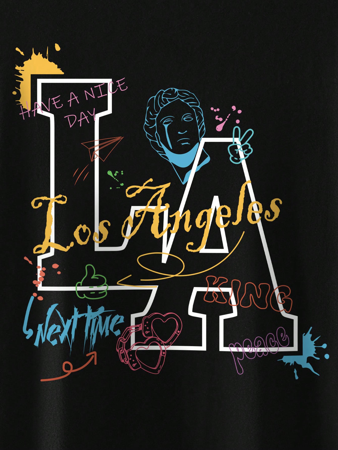 Introducing the Street Style Statement: Men's Graffiti Print Round Neck T-Shirt. Featuring a bold graffiti print, this shirt is perfect for making a statement with your street style. Made with a comfortable round neck design, this shirt is sure to turn heads and make a lasting impression. 