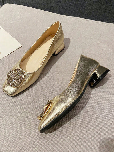 Golden Glamour: Classic Suede Flat Shoes with Rhinestone Buckle Detail