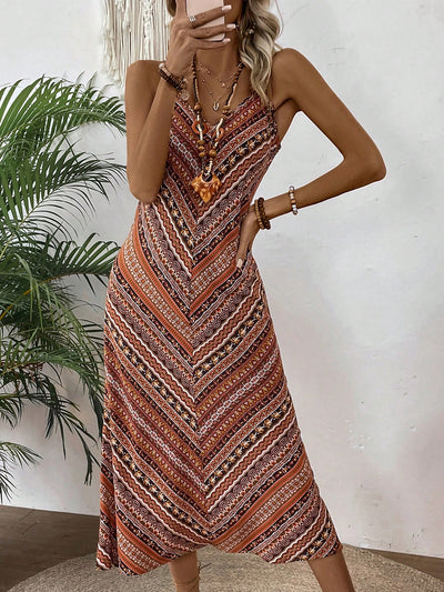 Bohemian Bliss: Floral Printed V-Neck Spaghetti Strap Maxi Dress for Effortless Vacation Style