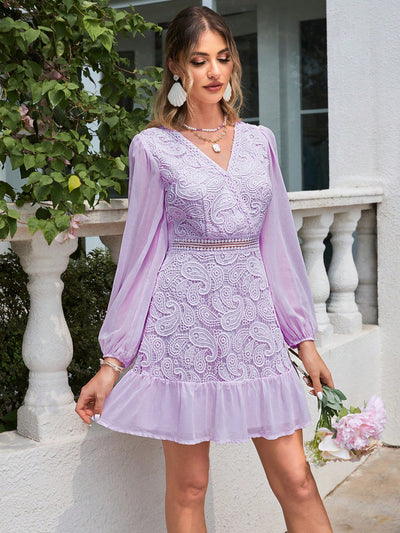 Elegant Lace Patchwork Lantern Sleeve Dress for Women - Perfect for Any Occasion