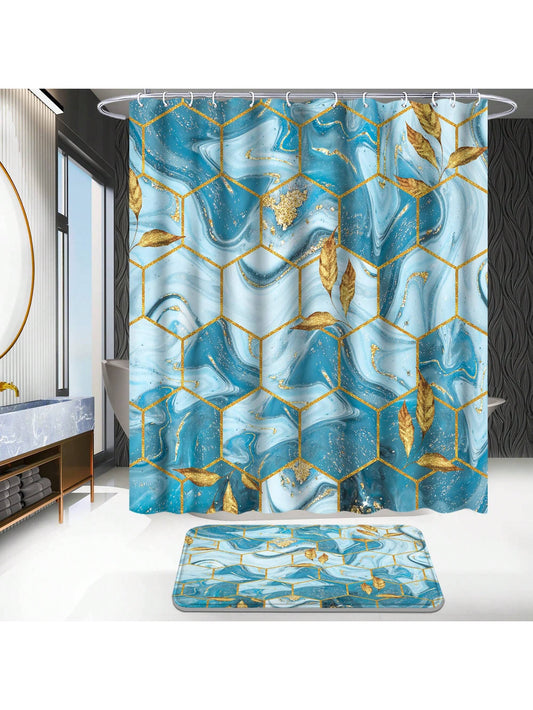 Blue and White Marble Bathroom Accessory Set with Non-Slip Rugs and Waterproof Shower Curtain