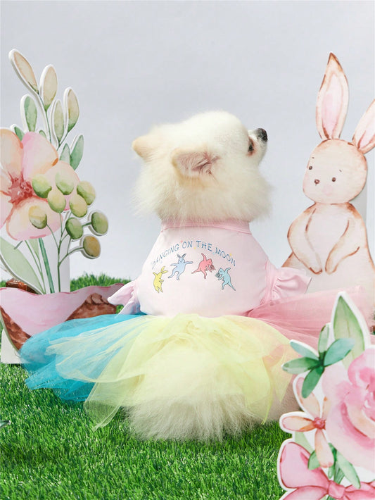 Tulle Splice Easter Pet Dress with Colorful Cat, Dog, and Rabbit Print