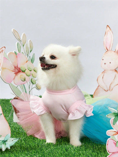 Tulle Splice Easter Pet Dress with Colorful Cat, Dog, and Rabbit Print