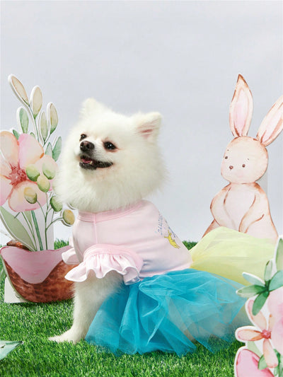 Tulle Splice Easter Pet Dress with Colorful Cat, Dog, and Rabbit Print