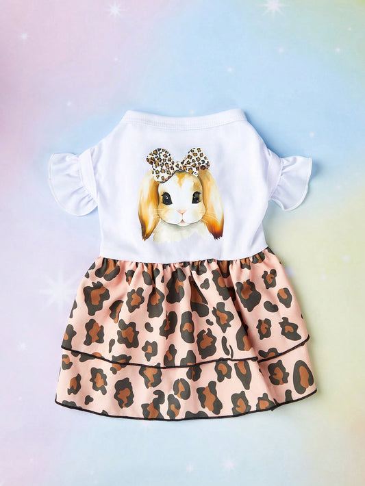 Pet's Easter Bunny Leopard Pattern Printed Layered Skirt Dress