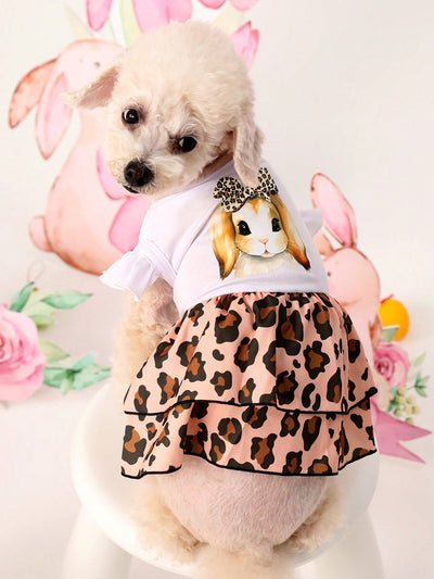 Pet's Easter Bunny Leopard Pattern Printed Layered Skirt Dress