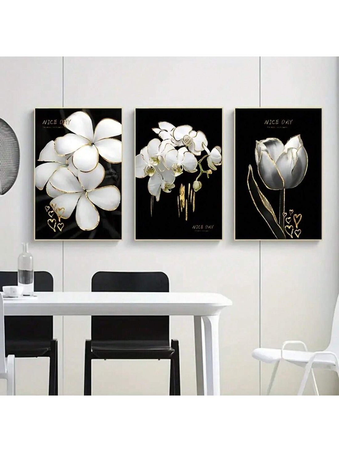 Create a stylish and modern atmosphere in your home or hotel with our 3-piece floral canvas painting set. Featuring a black and white design, this set will add a touch of elegance to any room. Perfect for wall decor, this set is a must-have for those looking to elevate their interior design.