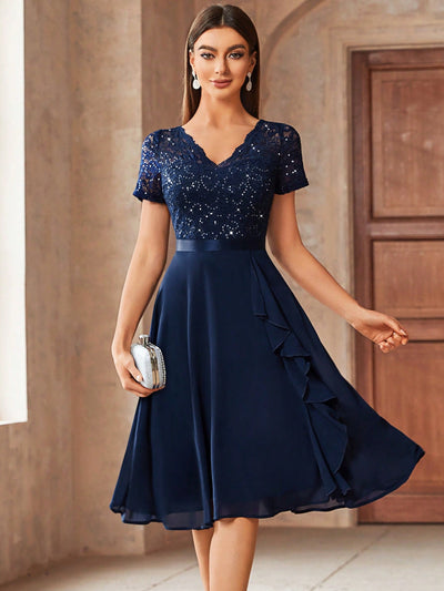 Glamorous Lace and Sequin Cocktail Party Dress with Ruffle Trim