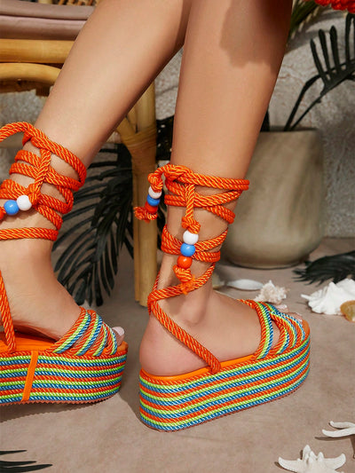 Chic Color Block Wedge Sandals: Tie-Up Straps and Chunky Sole