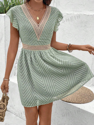 Chic and Stylish: Frenchy Lace Paneling Belted V-Neck A-Line Dress