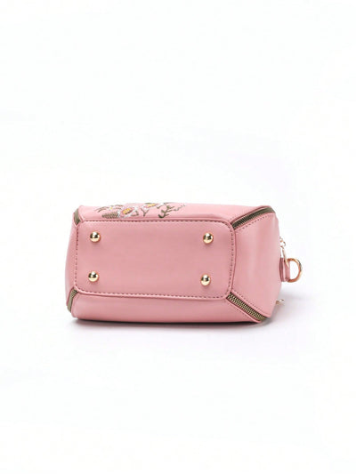 Chic Floral Embroidered Crossbody Bag - Minimalist Handbag with Turn Lock Design