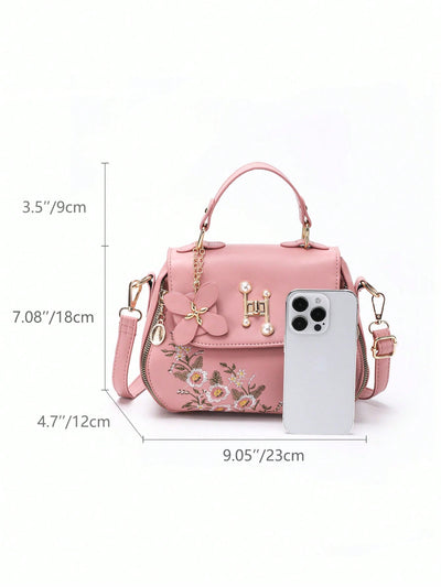 Chic Floral Embroidered Crossbody Bag - Minimalist Handbag with Turn Lock Design