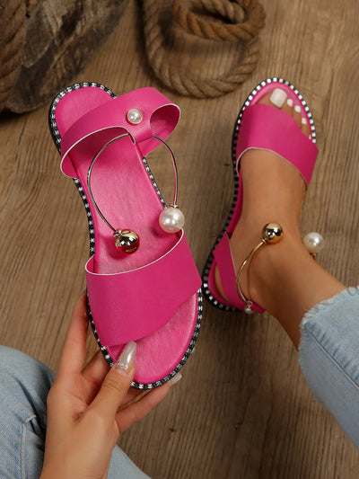 Summer Blossom: Floral Flat Sandals with Metal Buckle and Pearl Decoration for Women